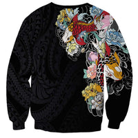 Hawaiian and Japanese Together Sweatshirt Colorful Traditional Japanese Tattoo and Kakau Pattern Black Color
