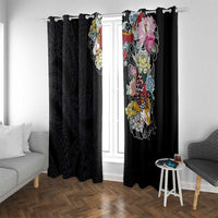Hawaiian and Japanese Together Window Curtain Colorful Traditional Japanese Tattoo and Kakau Pattern Black Color