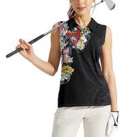 Hawaiian and Japanese Together Women Sleeveless Polo Shirt Colorful Traditional Japanese Tattoo and Kakau Pattern Black Color