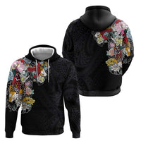 Hawaiian and Japanese Together Zip Hoodie Colorful Traditional Japanese Tattoo and Kakau Pattern Black Color