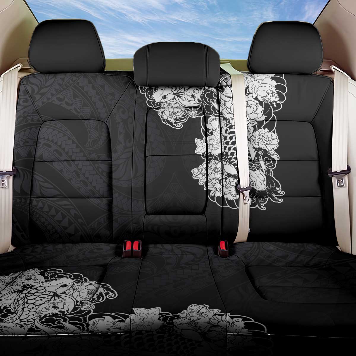 Hawaiian and Japanese Together Back Car Seat Cover Japanese Koi Fish Tattoo and Kakau Pattern Black Color