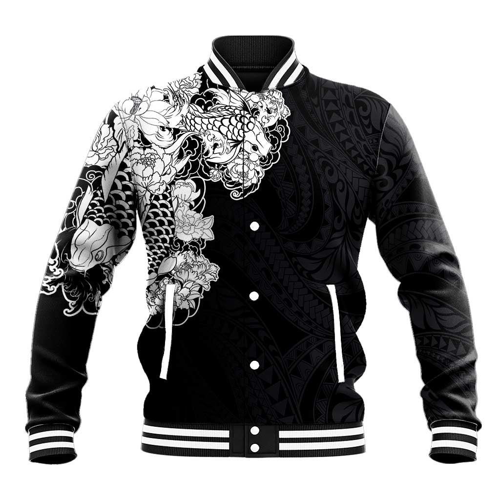 Hawaiian and Japanese Together Baseball Jacket Japanese Koi Fish Tattoo and Kakau Pattern Black Color