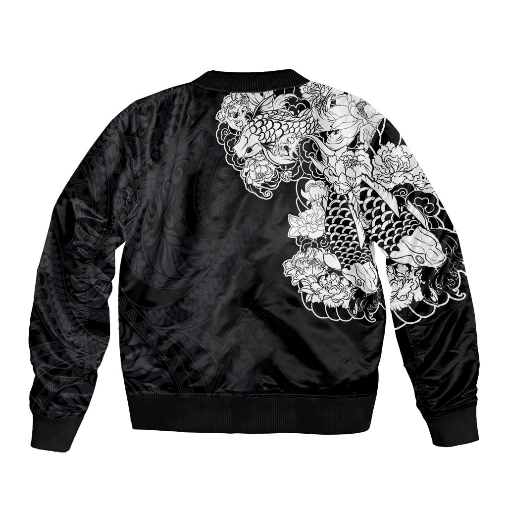 Hawaiian and Japanese Together Bomber Jacket Japanese Koi Fish Tattoo and Kakau Pattern Black Color
