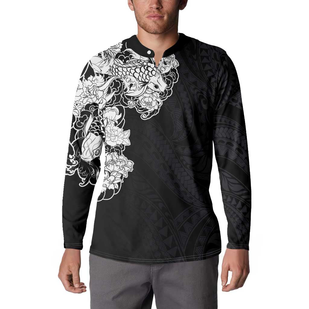 Hawaiian and Japanese Together Button Sweatshirt Japanese Koi Fish Tattoo and Kakau Pattern Black Color