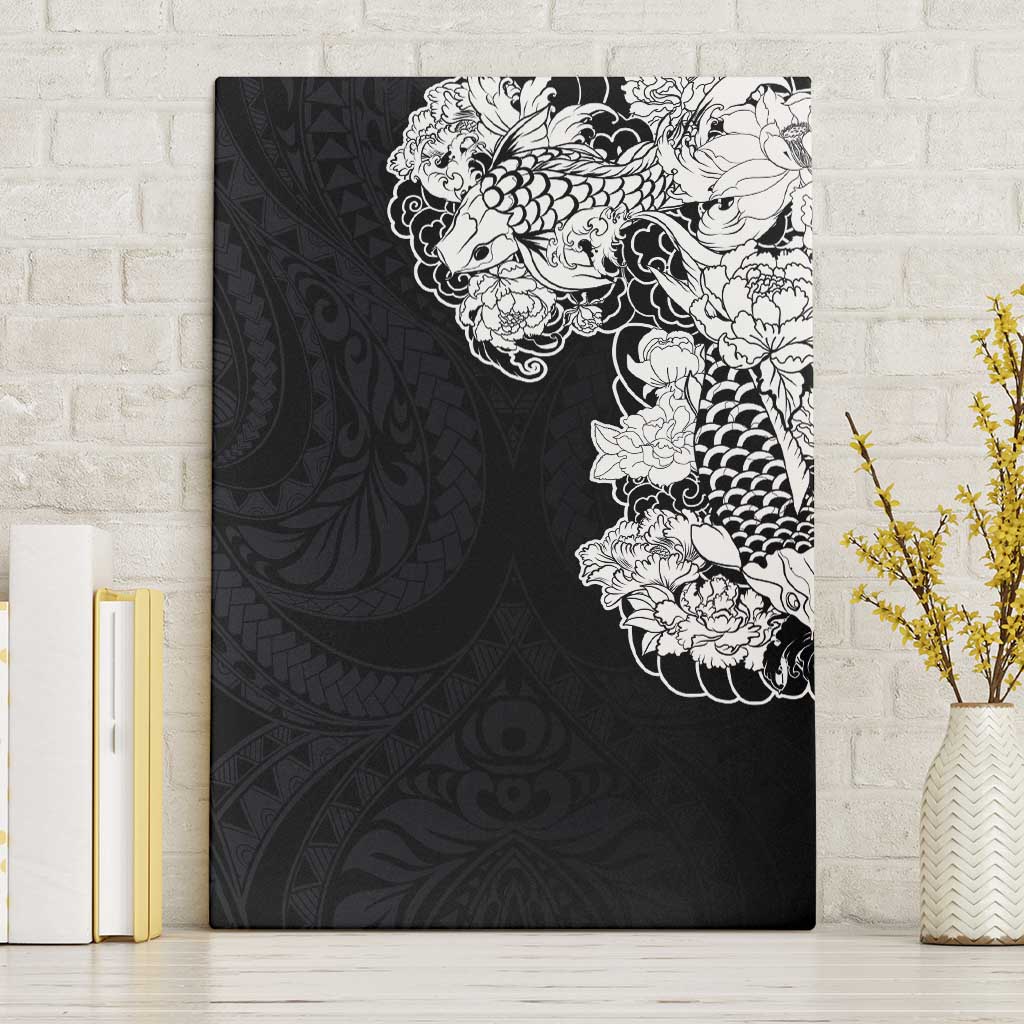 Hawaiian and Japanese Together Canvas Wall Art Japanese Koi Fish Tattoo and Kakau Pattern Black Color