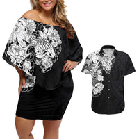 Hawaiian and Japanese Together Couples Matching Off Shoulder Short Dress and Hawaiian Shirt Japanese Koi Fish Tattoo and Kakau Pattern Black Color