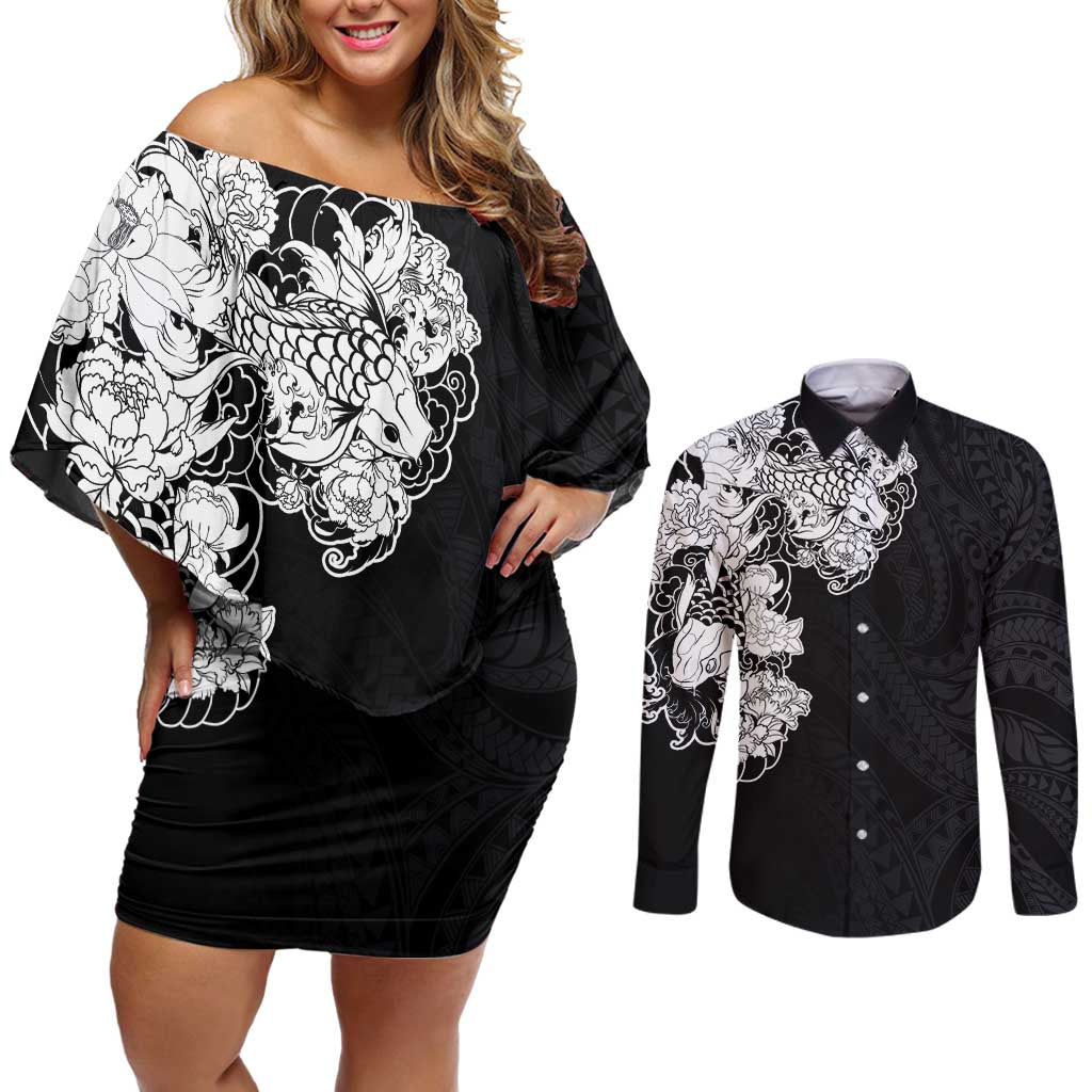 Hawaiian and Japanese Together Couples Matching Off Shoulder Short Dress and Long Sleeve Button Shirt Japanese Koi Fish Tattoo and Kakau Pattern Black Color