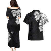 Hawaiian and Japanese Together Couples Matching Puletasi and Hawaiian Shirt Japanese Koi Fish Tattoo and Kakau Pattern Black Color