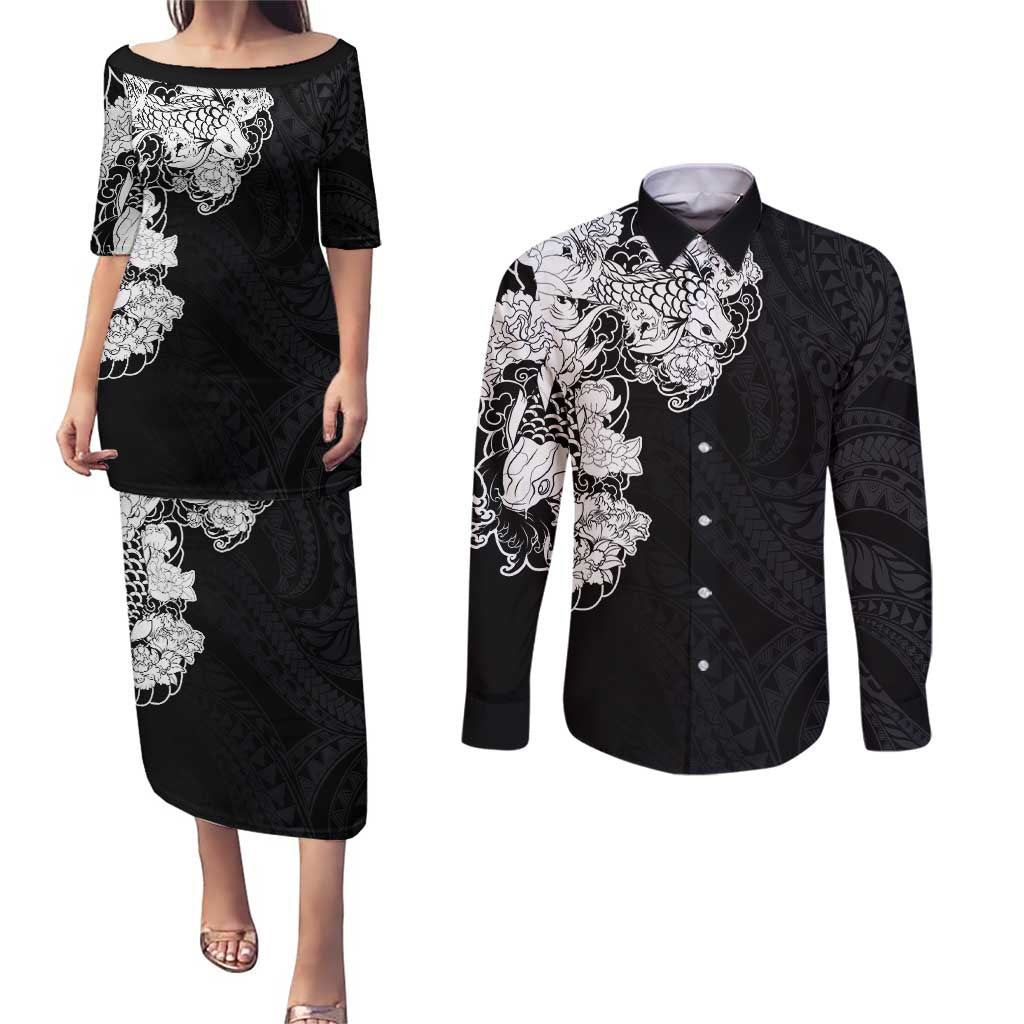 Hawaiian and Japanese Together Couples Matching Puletasi and Long Sleeve Button Shirt Japanese Koi Fish Tattoo and Kakau Pattern Black Color