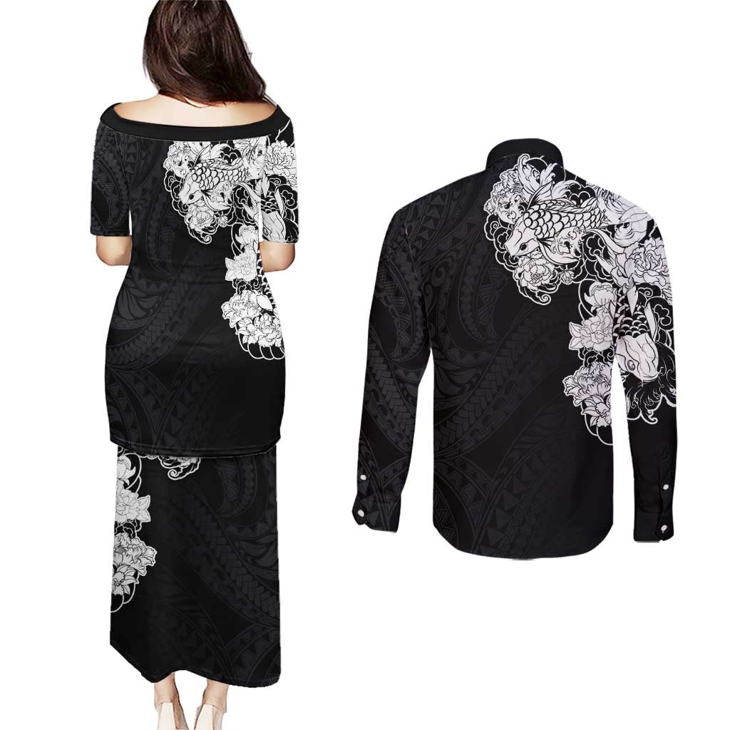 Hawaiian and Japanese Together Couples Matching Puletasi and Long Sleeve Button Shirt Japanese Koi Fish Tattoo and Kakau Pattern Black Color