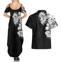 Hawaiian and Japanese Together Couples Matching Summer Maxi Dress and Hawaiian Shirt Japanese Koi Fish Tattoo and Kakau Pattern Black Color
