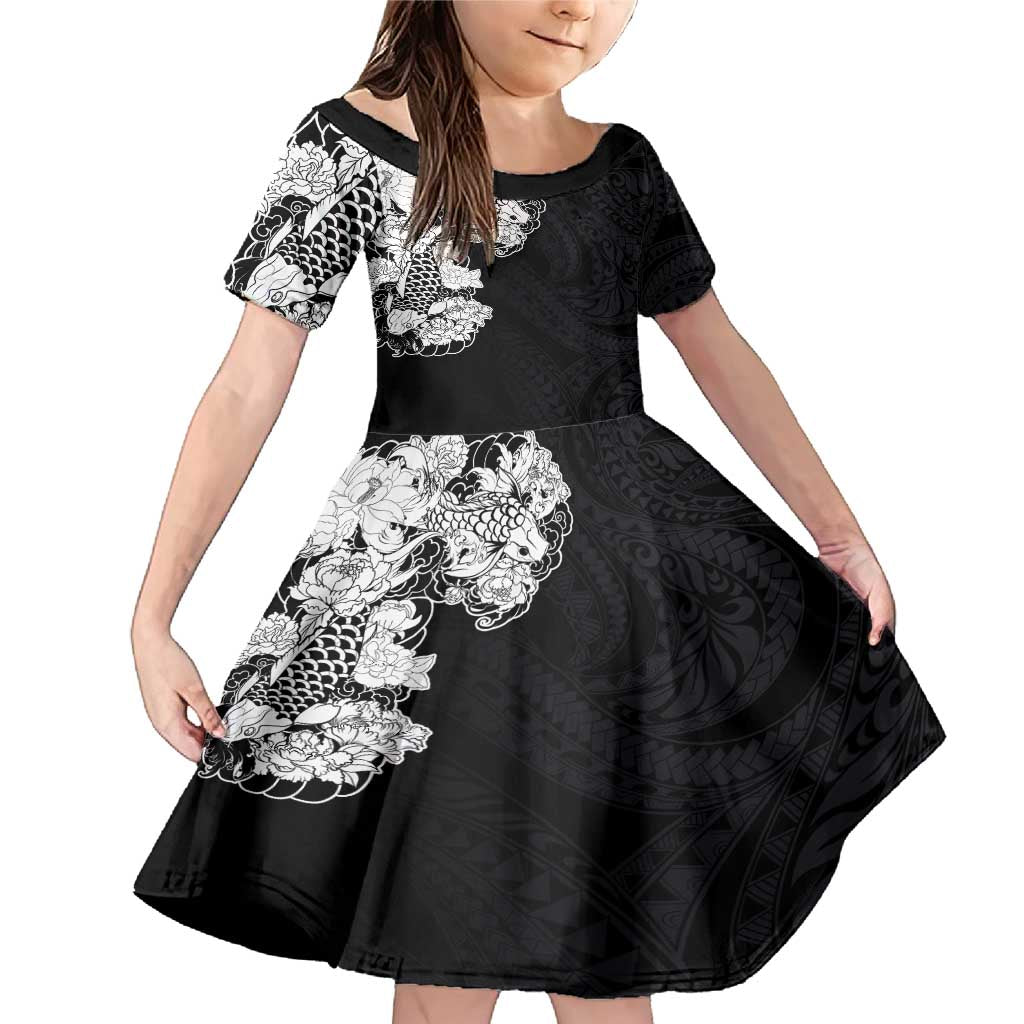 Hawaiian and Japanese Together Family Matching Mermaid Dress and Hawaiian Shirt Japanese Koi Fish Tattoo and Kakau Pattern Black Color