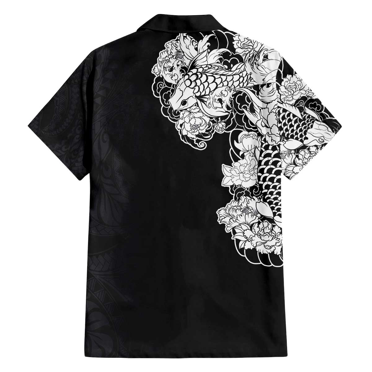 Hawaiian and Japanese Together Family Matching Puletasi and Hawaiian Shirt Japanese Koi Fish Tattoo and Kakau Pattern Black Color