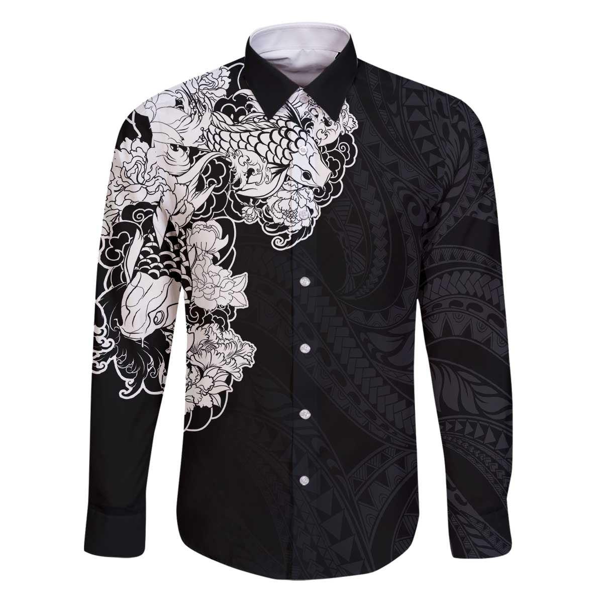 Hawaiian and Japanese Together Family Matching Puletasi and Hawaiian Shirt Japanese Koi Fish Tattoo and Kakau Pattern Black Color