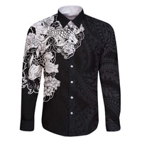 Hawaiian and Japanese Together Family Matching Puletasi and Hawaiian Shirt Japanese Koi Fish Tattoo and Kakau Pattern Black Color