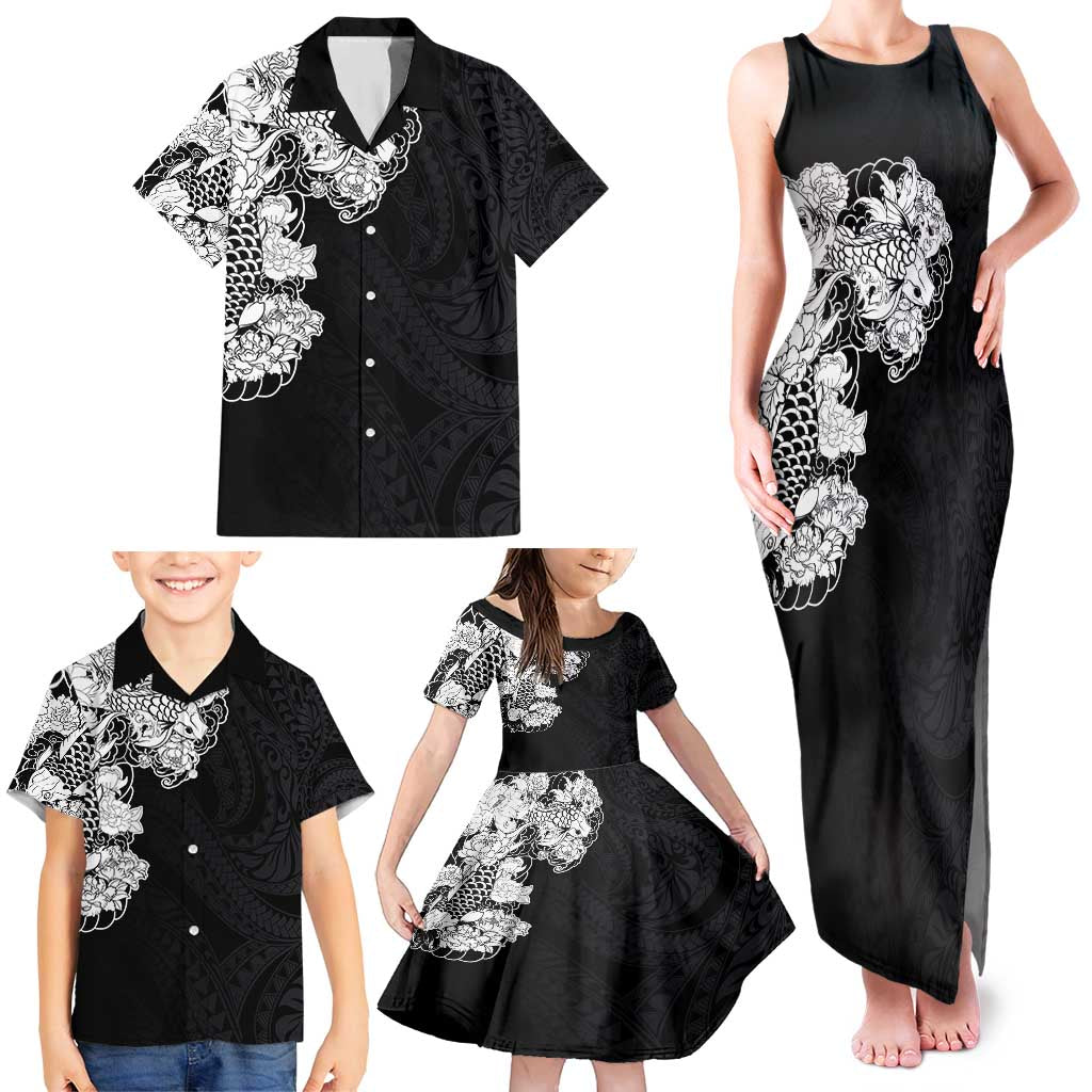 Hawaiian and Japanese Together Family Matching Tank Maxi Dress and Hawaiian Shirt Japanese Koi Fish Tattoo and Kakau Pattern Black Color