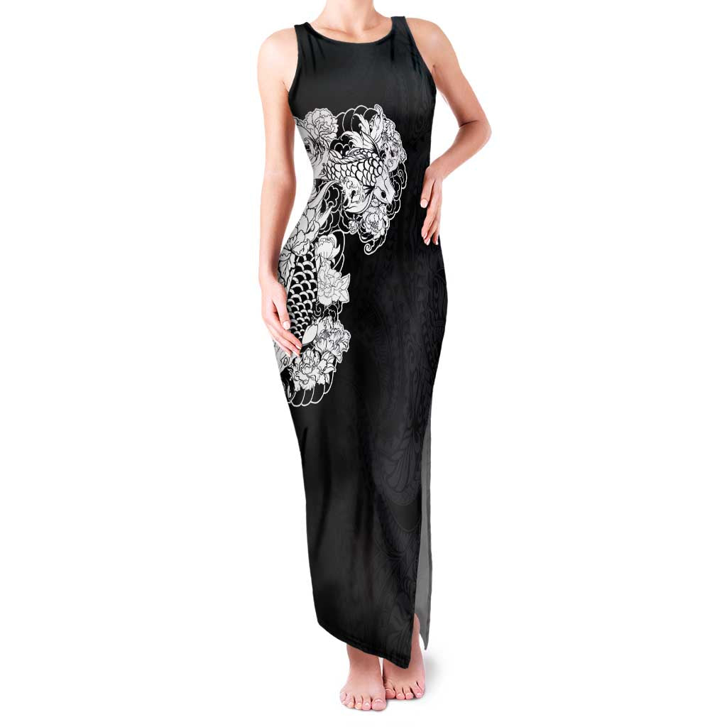 Hawaiian and Japanese Together Family Matching Tank Maxi Dress and Hawaiian Shirt Japanese Koi Fish Tattoo and Kakau Pattern Black Color