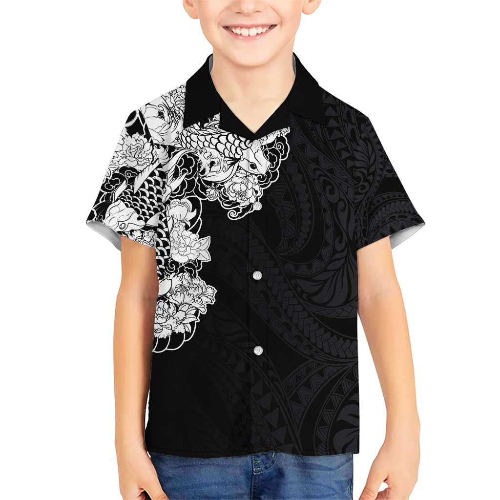 Hawaiian and Japanese Together Hawaiian Shirt Japanese Koi Fish Tattoo and Kakau Pattern Black Color