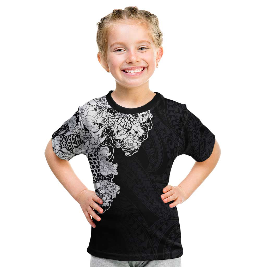 Hawaiian and Japanese Together Kid T Shirt Japanese Koi Fish Tattoo and Kakau Pattern Black Color