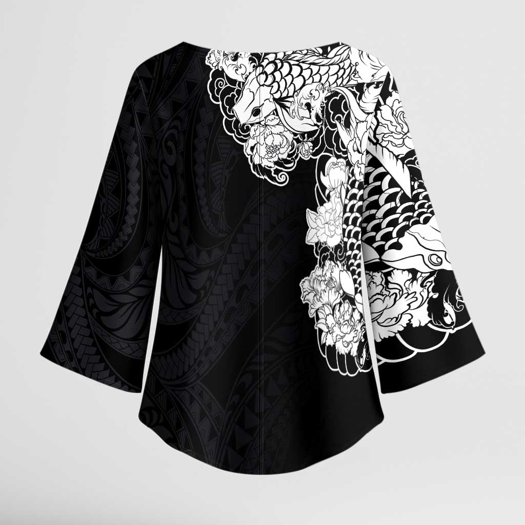 Hawaiian and Japanese Together Kimono Sleeve Blouse Japanese Koi Fish Tattoo and Kakau Pattern Black Color - Polynesian Pride