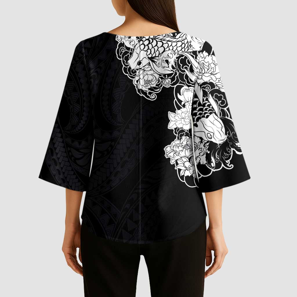 Hawaiian and Japanese Together Kimono Sleeve Blouse Japanese Koi Fish Tattoo and Kakau Pattern Black Color - Polynesian Pride