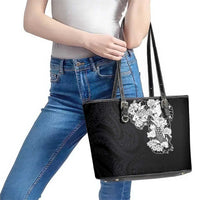 Hawaiian and Japanese Together Leather Tote Bag Japanese Koi Fish Tattoo and Kakau Pattern Black Color