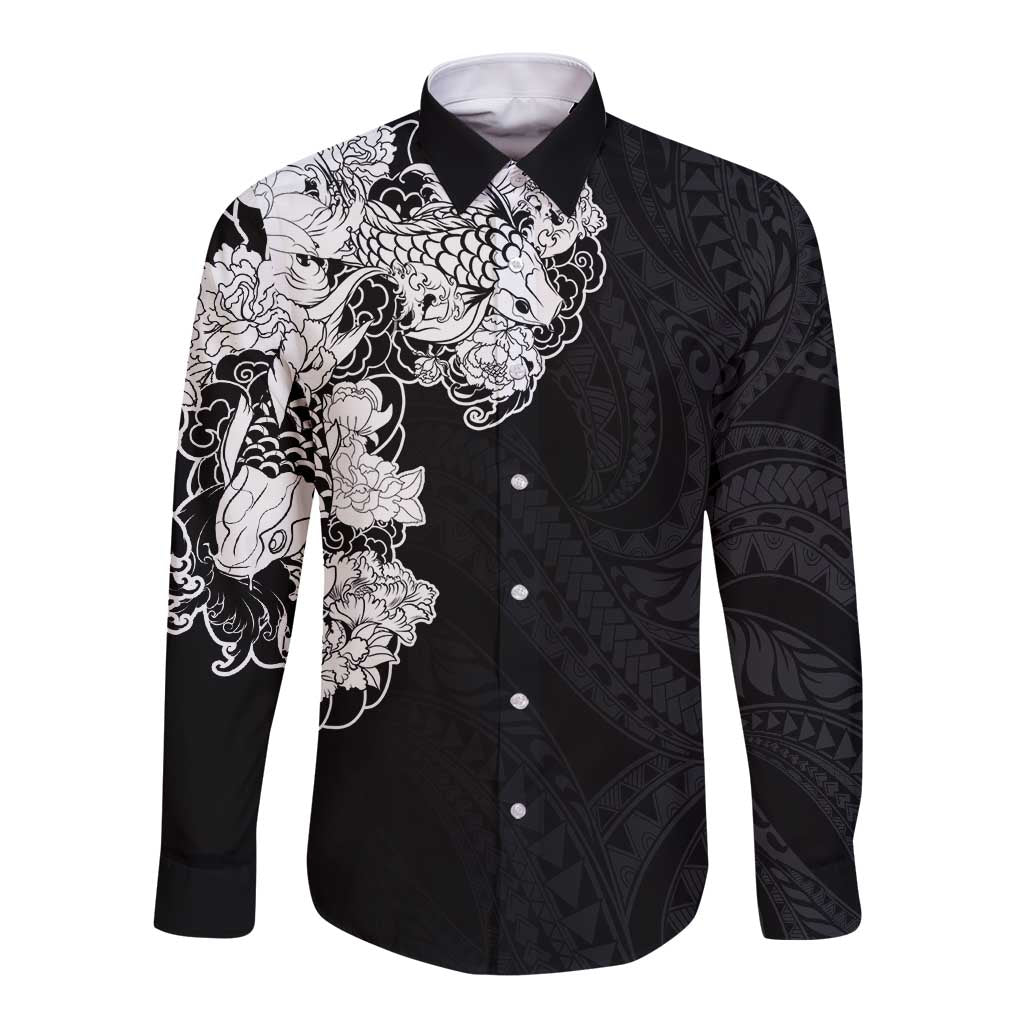 Hawaiian and Japanese Together Long Sleeve Button Shirt Japanese Koi Fish Tattoo and Kakau Pattern Black Color