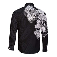 Hawaiian and Japanese Together Long Sleeve Button Shirt Japanese Koi Fish Tattoo and Kakau Pattern Black Color