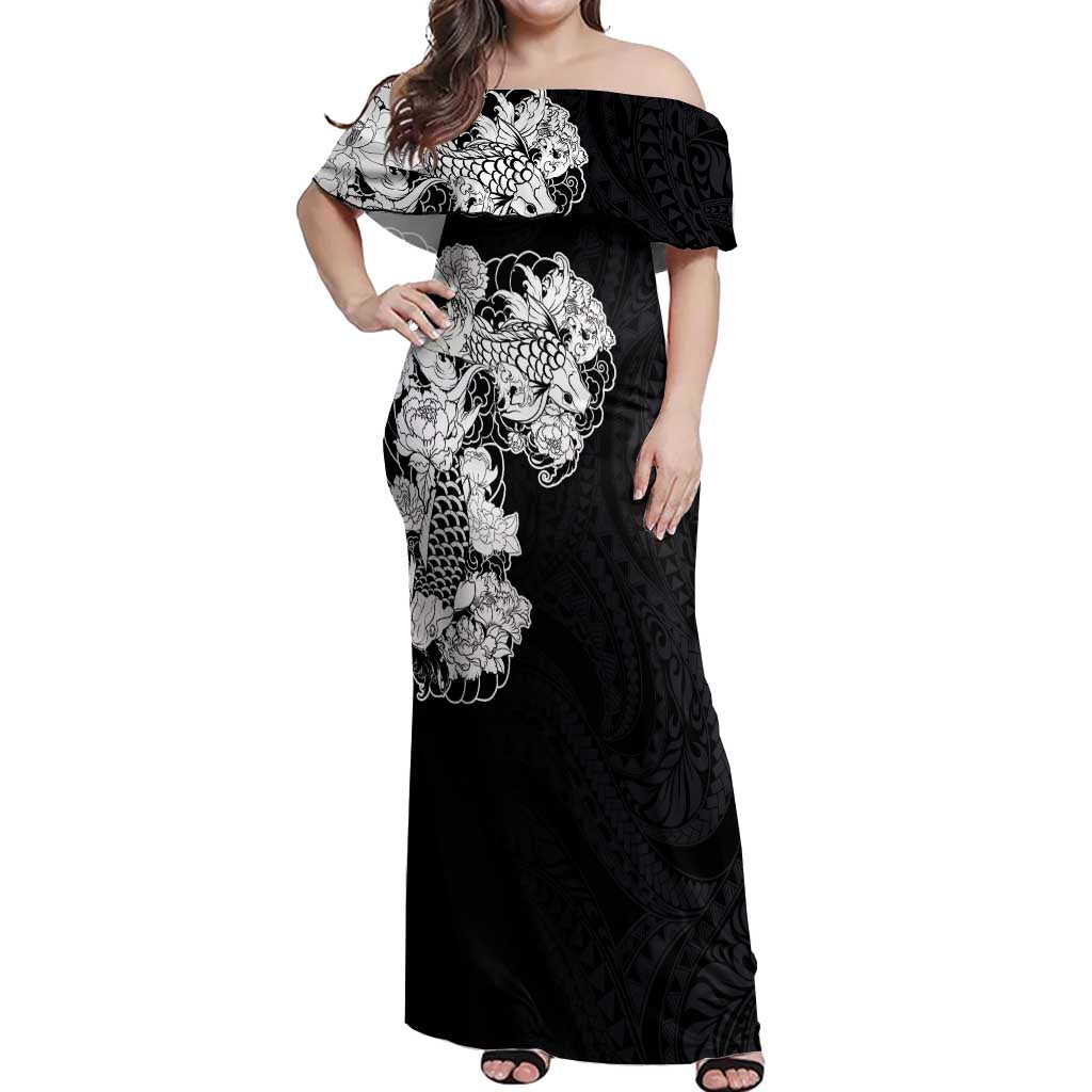Hawaiian and Japanese Together Off Shoulder Maxi Dress Japanese Koi Fish Tattoo and Kakau Pattern Black Color