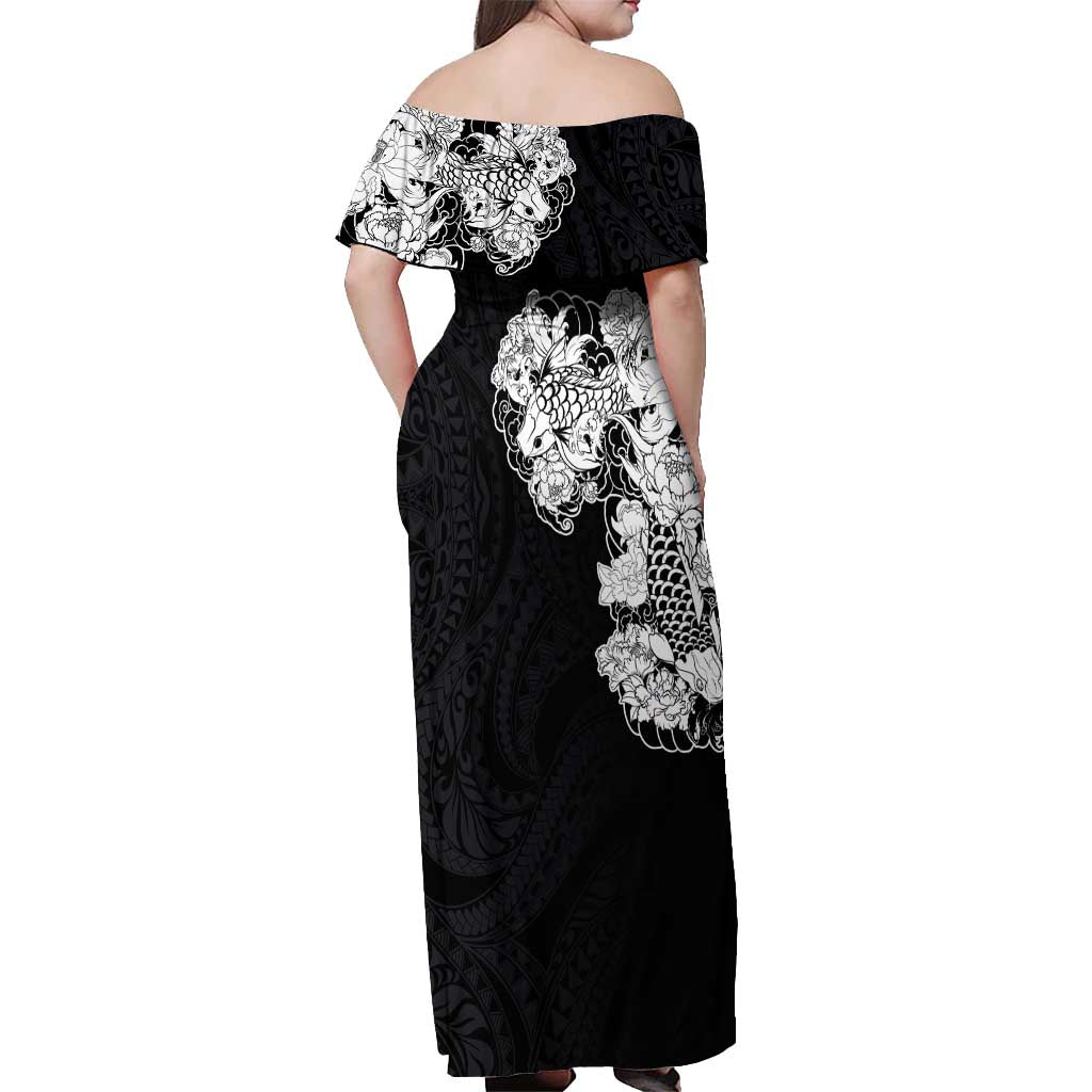 Hawaiian and Japanese Together Off Shoulder Maxi Dress Japanese Koi Fish Tattoo and Kakau Pattern Black Color