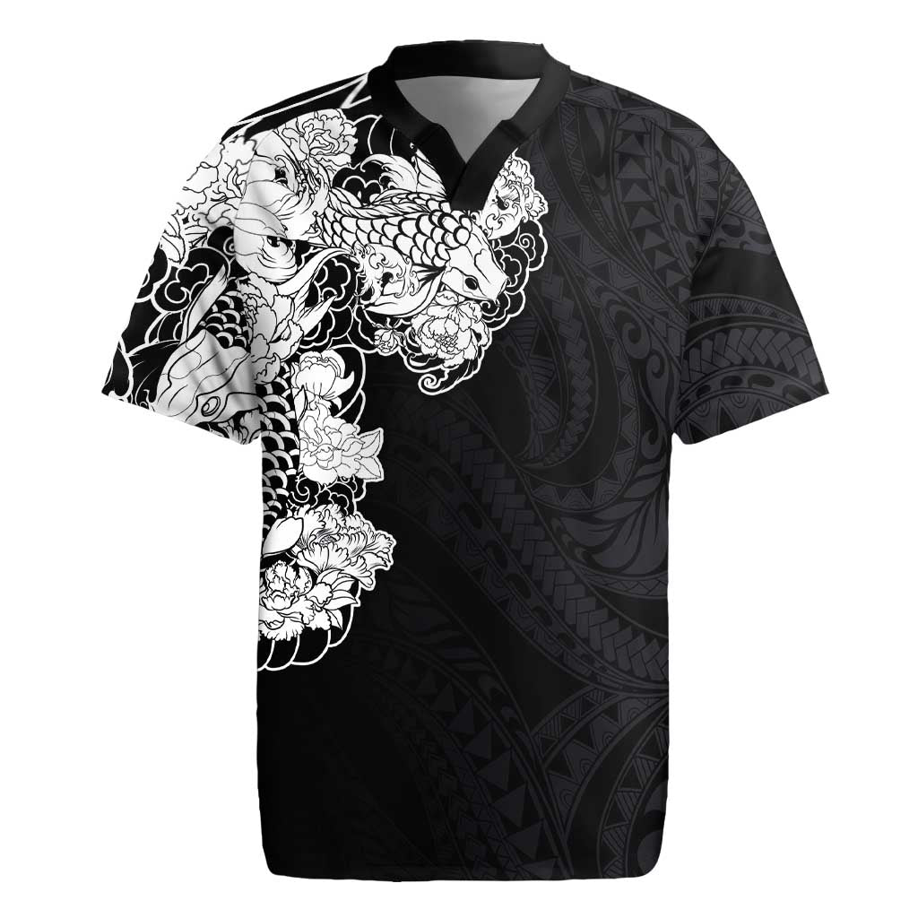 Hawaiian and Japanese Together Rugby Jersey Japanese Koi Fish Tattoo and Kakau Pattern Black Color