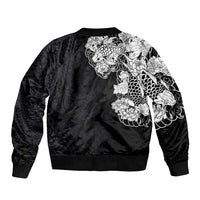 Hawaiian and Japanese Together Sleeve Zip Bomber Jacket Japanese Koi Fish Tattoo and Kakau Pattern Black Color