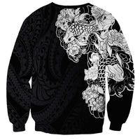 Hawaiian and Japanese Together Sweatshirt Japanese Koi Fish Tattoo and Kakau Pattern Black Color