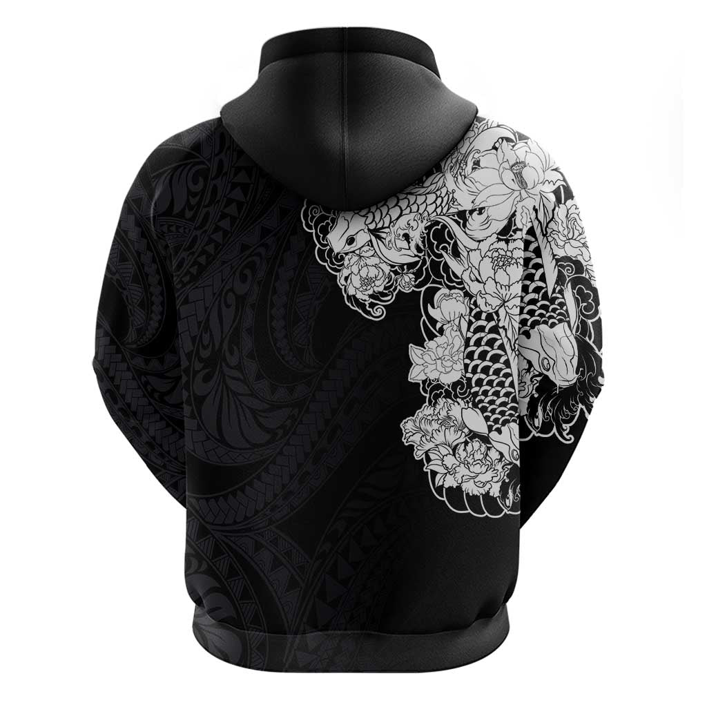 Hawaiian and Japanese Together Zip Hoodie Japanese Koi Fish Tattoo and Kakau Pattern Black Color