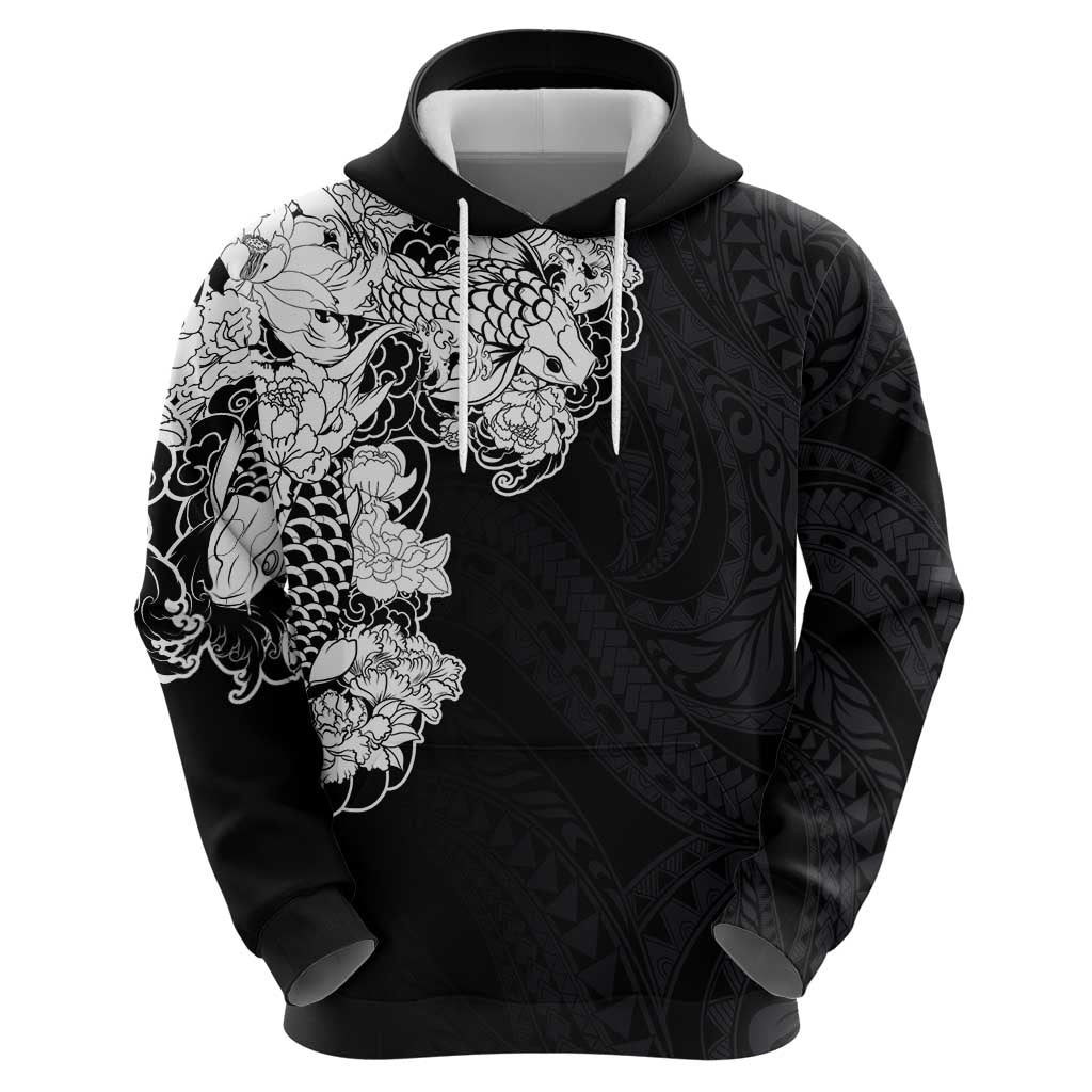 Hawaiian and Japanese Together Zip Hoodie Japanese Koi Fish Tattoo and Kakau Pattern Black Color
