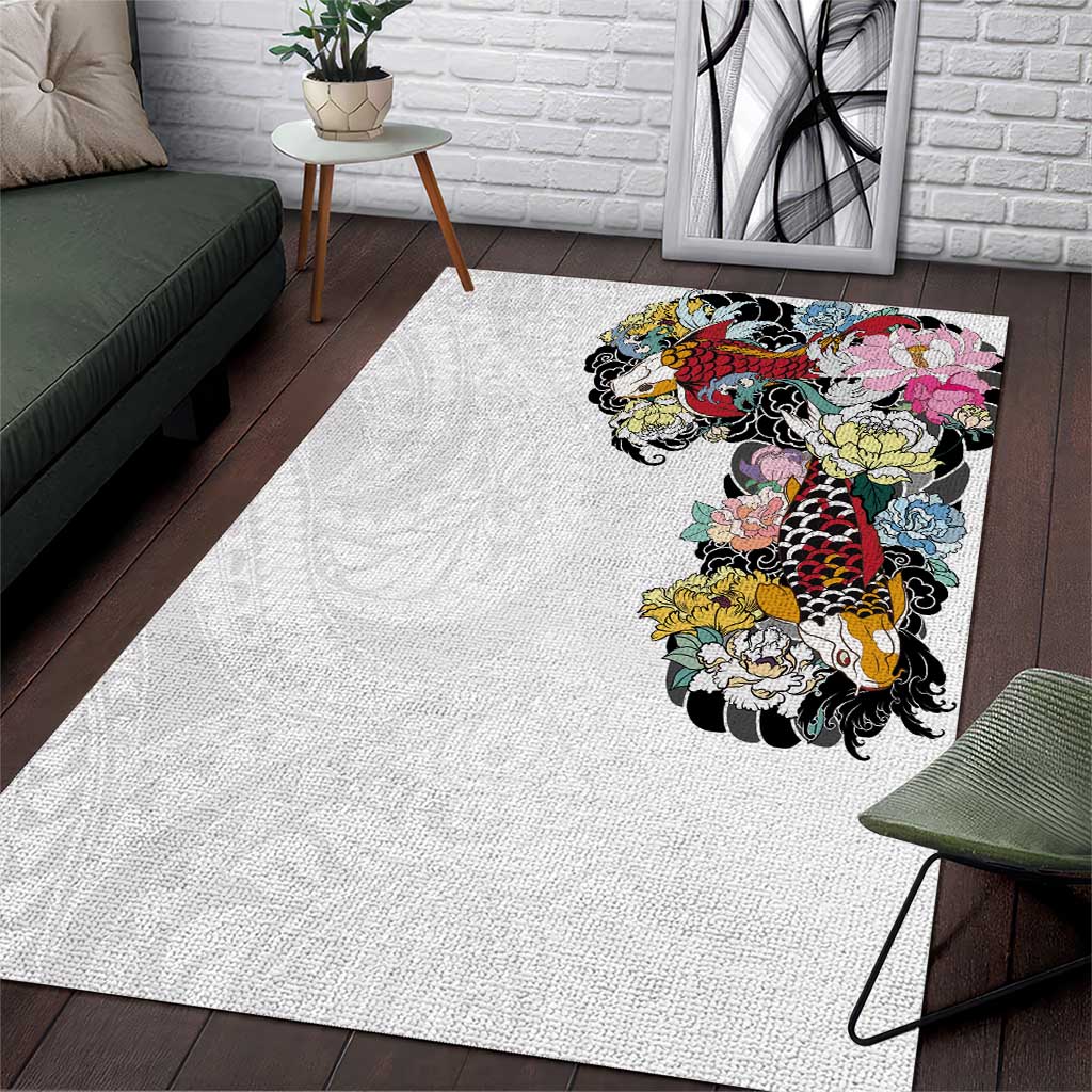 Hawaiian and Japanese Together Area Rug Colorful Traditional Japanese Tattoo and Kakau Pattern White Color