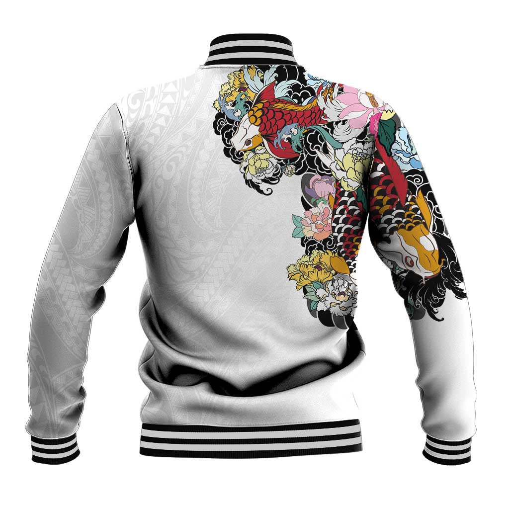 Hawaiian and Japanese Together Baseball Jacket Colorful Traditional Japanese Tattoo and Kakau Pattern White Color