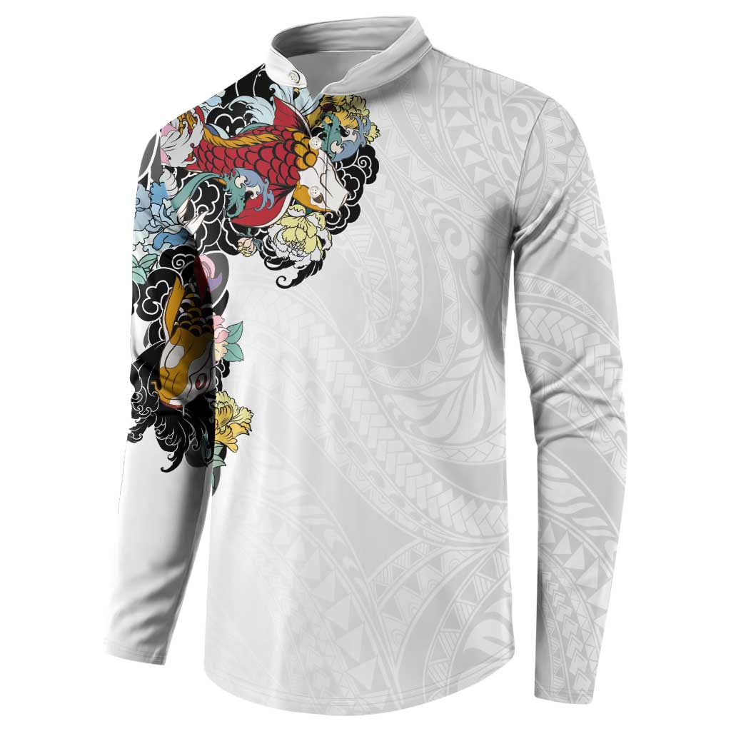 Hawaiian and Japanese Together Button Sweatshirt Colorful Traditional Japanese Tattoo and Kakau Pattern White Color
