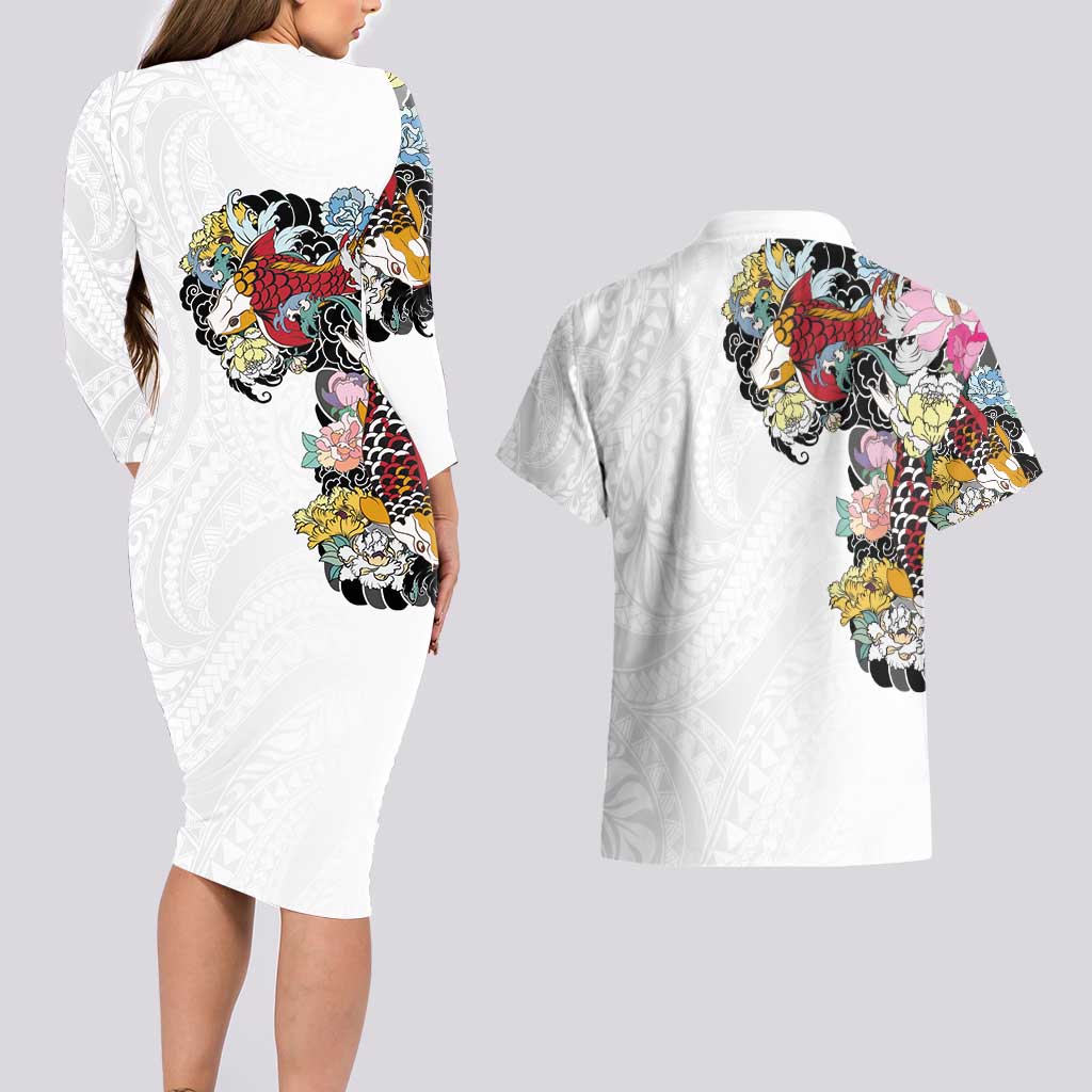 Hawaiian and Japanese Together Couples Matching Long Sleeve Bodycon Dress and Hawaiian Shirt Colorful Traditional Japanese Tattoo and Kakau Pattern White Color