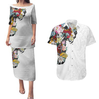 Hawaiian and Japanese Together Couples Matching Puletasi and Hawaiian Shirt Colorful Traditional Japanese Tattoo and Kakau Pattern White Color