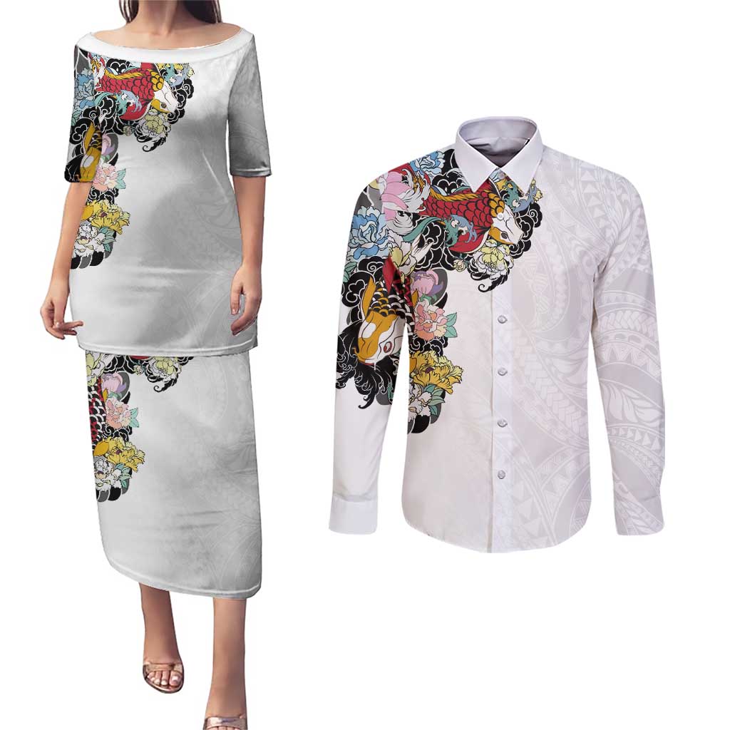 Hawaiian and Japanese Together Couples Matching Puletasi and Long Sleeve Button Shirt Colorful Traditional Japanese Tattoo and Kakau Pattern White Color