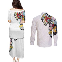 Hawaiian and Japanese Together Couples Matching Puletasi and Long Sleeve Button Shirt Colorful Traditional Japanese Tattoo and Kakau Pattern White Color