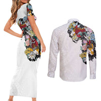 Hawaiian and Japanese Together Couples Matching Short Sleeve Bodycon Dress and Long Sleeve Button Shirt Colorful Traditional Japanese Tattoo and Kakau Pattern White Color