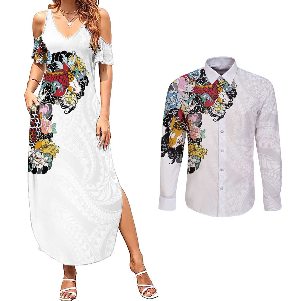 Hawaiian and Japanese Together Couples Matching Summer Maxi Dress and Long Sleeve Button Shirt Colorful Traditional Japanese Tattoo and Kakau Pattern White Color