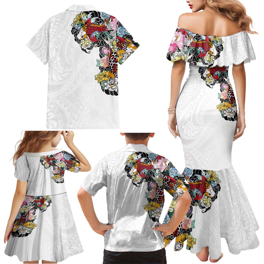 Hawaiian and Japanese Together Family Matching Mermaid Dress and Hawaiian Shirt Colorful Traditional Japanese Tattoo and Kakau Pattern White Color