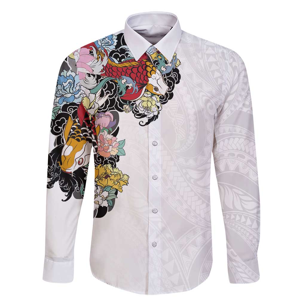 Hawaiian and Japanese Together Family Matching Off Shoulder Maxi Dress and Hawaiian Shirt Colorful Traditional Japanese Tattoo and Kakau Pattern White Color