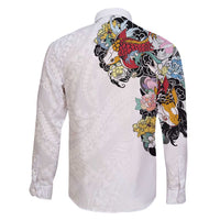 Hawaiian and Japanese Together Family Matching Off Shoulder Maxi Dress and Hawaiian Shirt Colorful Traditional Japanese Tattoo and Kakau Pattern White Color