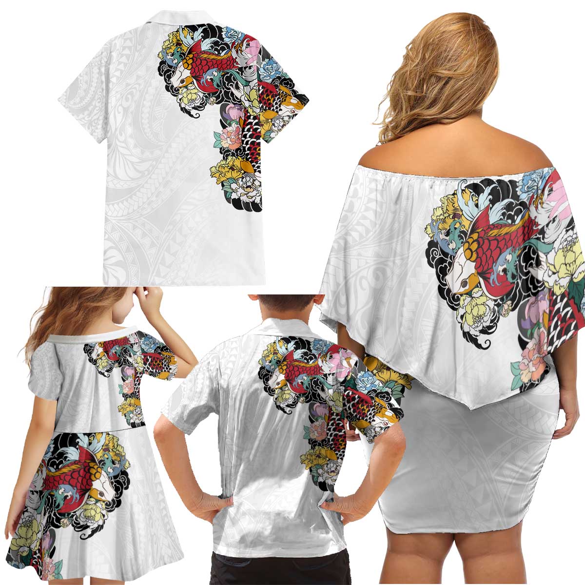 Hawaiian and Japanese Together Family Matching Off Shoulder Short Dress and Hawaiian Shirt Colorful Traditional Japanese Tattoo and Kakau Pattern White Color