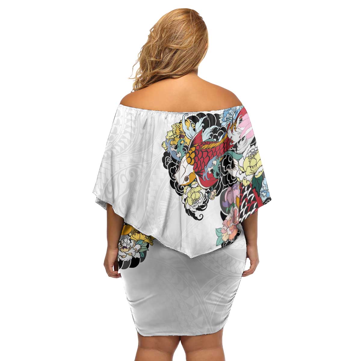 Hawaiian and Japanese Together Family Matching Off Shoulder Short Dress and Hawaiian Shirt Colorful Traditional Japanese Tattoo and Kakau Pattern White Color