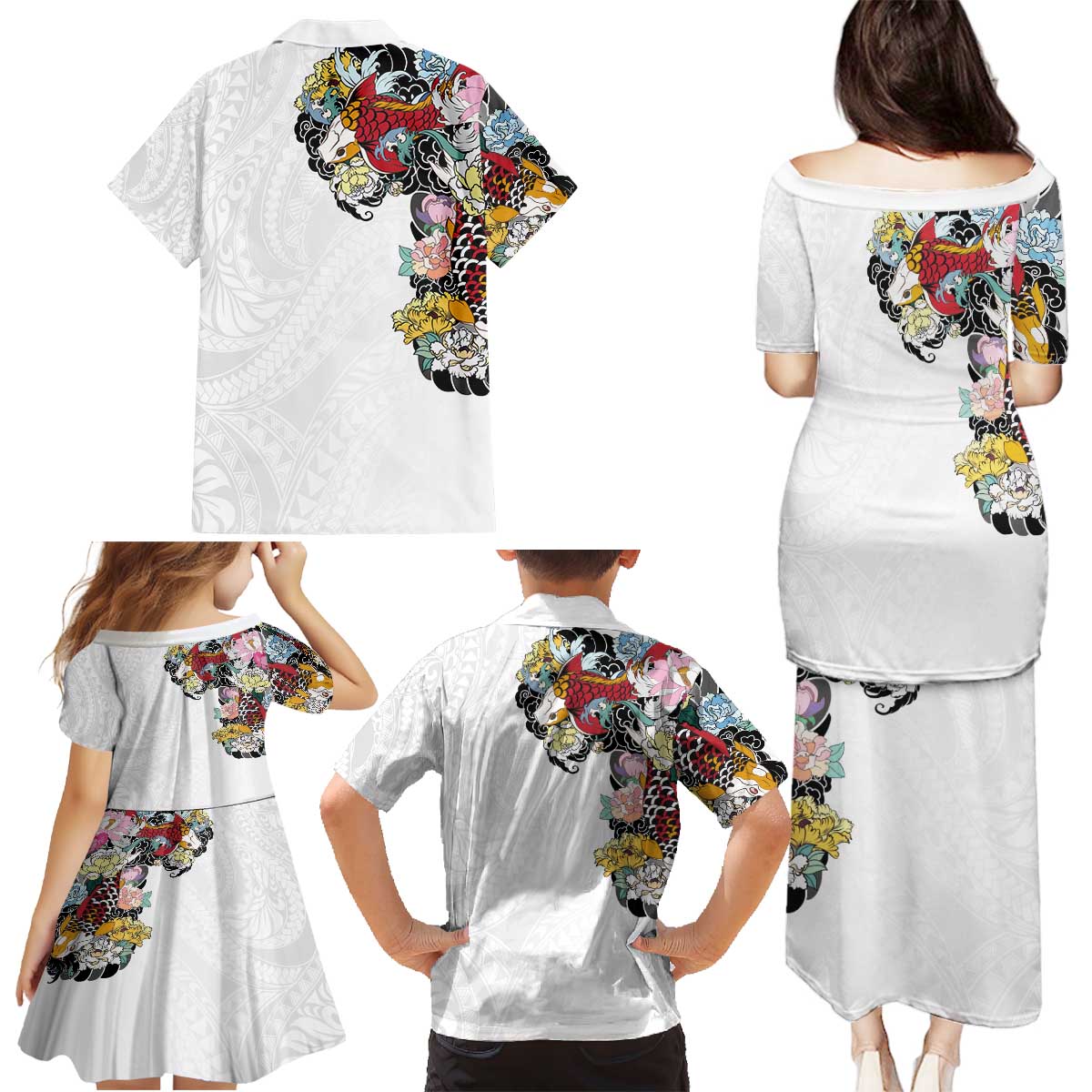 Hawaiian and Japanese Together Family Matching Puletasi and Hawaiian Shirt Colorful Traditional Japanese Tattoo and Kakau Pattern White Color